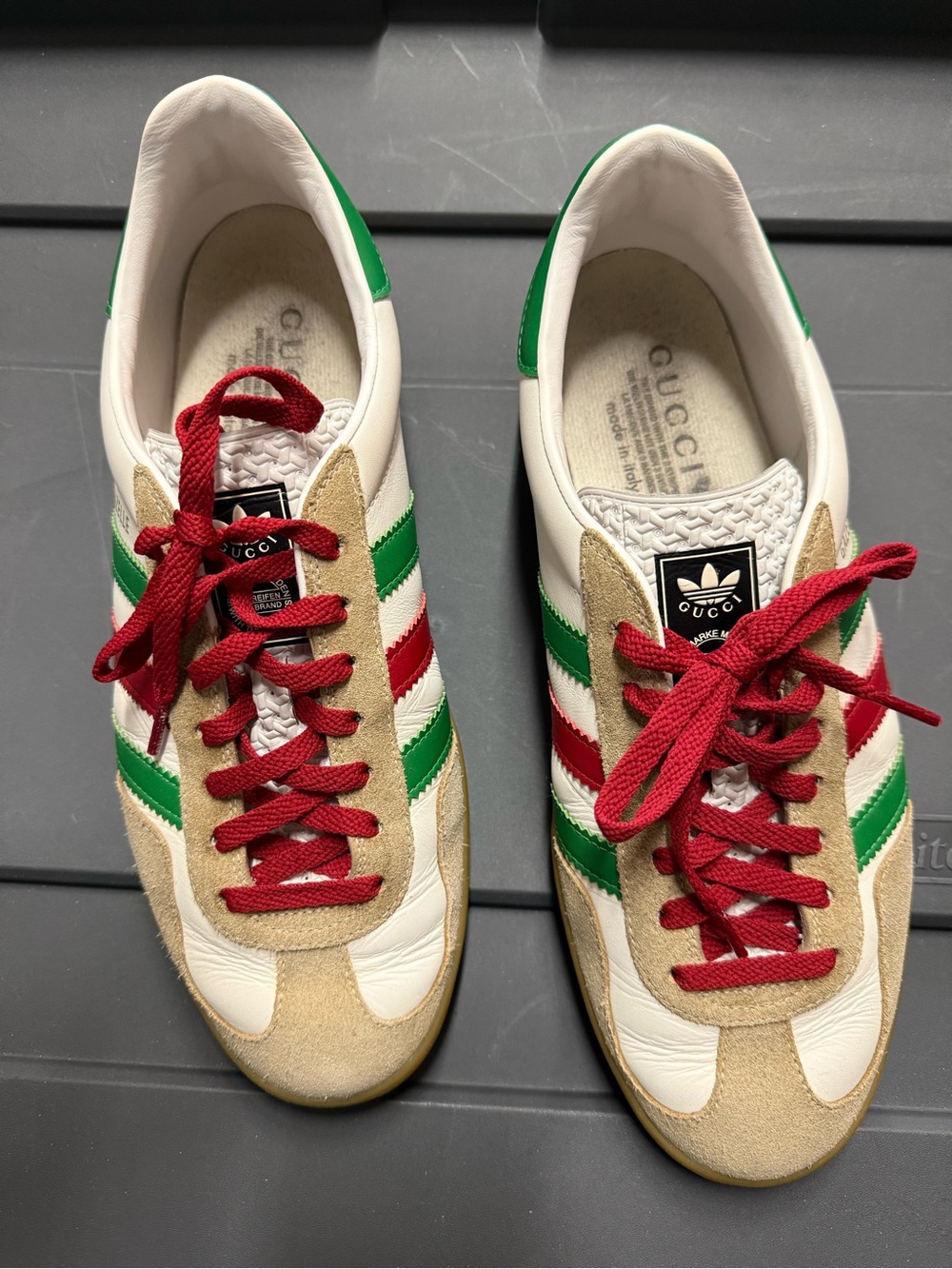 Gucci x adidas Gazelle White Leather Sneakers with Red Laces & Green Stripes
